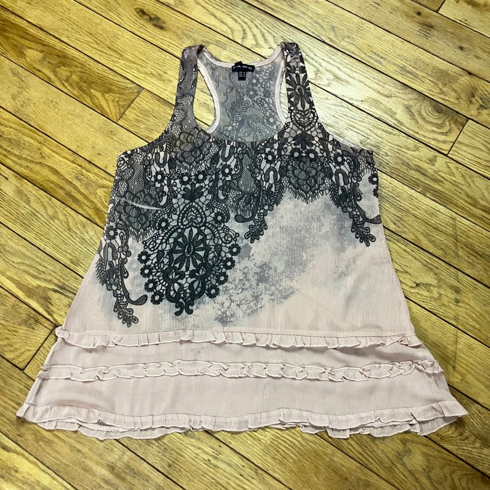 Y2K Fang‎ Pink Black Lace Print Ruffle Hem Grunge Mall Goth Racerback Tank Top M